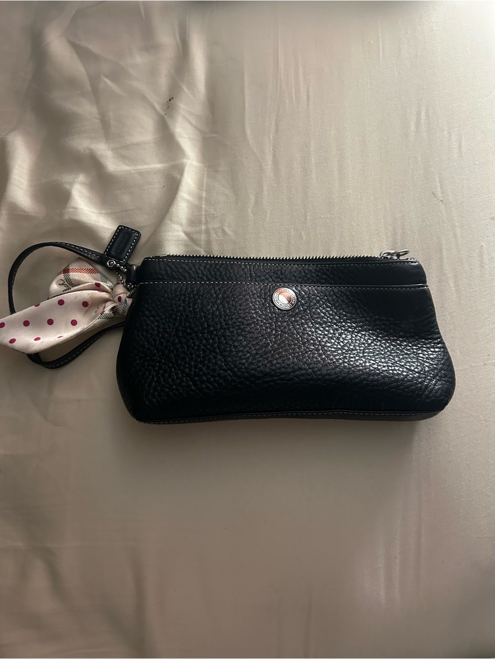 Coach Black Pebbled Leather Wristlet with Polka Dot Scarf Accent